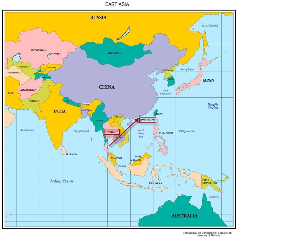 Hong Kong în harta din asia